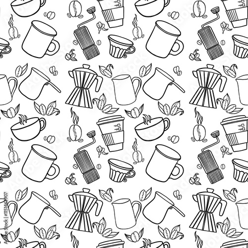 Seamless pattern showcases a delicate, hand-drawn coffee accessories, pattern filled with various coffee cups and other accessories, perfect for wallpapers and fabric design.