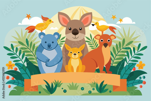 Cute vector illustration of Australian animals surrounded by tropical foliage in a colorful nature setting photo