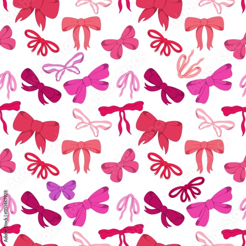 A lively and colorful pattern showcasing a variety of bows  in pink, red and violet tones against a white backdrop, perfect for creative applications.