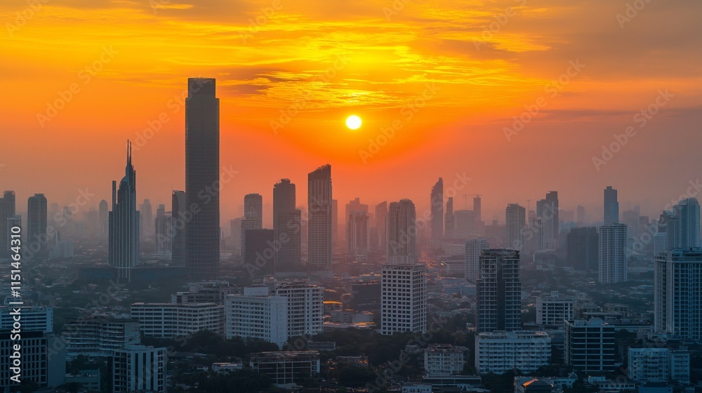 Fototapeta premium Golden light filters through wispy clouds, painting the city skyline in stunning oranges and yellows as the sun descends on a bustling metropolis at dusk, inviting tranquility amidst urban life