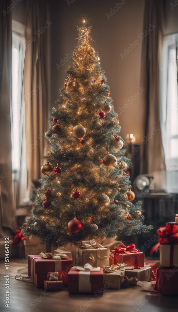 Festive decorated Christmas tree gifts vertical Festive decorated Christmas tree gifts vertical