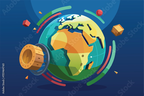 Colorful vector representation of a globe highlighting continents with vibrant colors and elements on a blue background