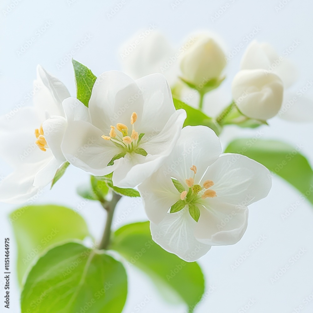 Obraz premium close-up of white apple blossoms with green leaves