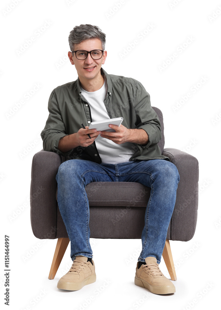 Professional psychologist with notebook sitting on chair against white background Professional psychologist with notebook sitting on chair against white background