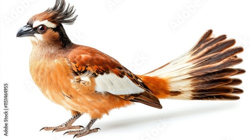 A colorful bird with a prominent crest and elongated tail feathers, showcasing vibrant orange and white plumage, perfect for avian enthusiasts and nature lovers. photo