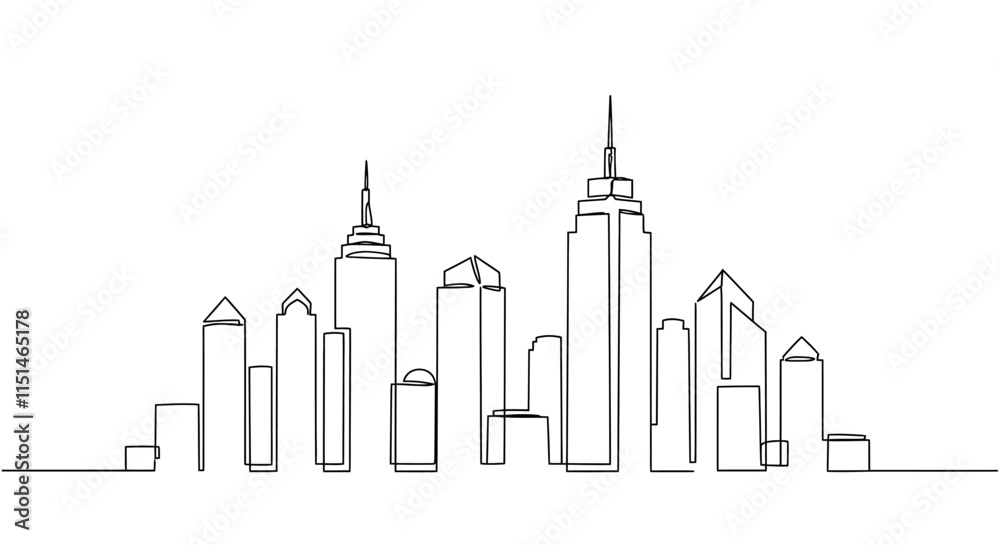 Obraz premium Minimalist Continuous Line Cityscape Editable Stroke Urban Skyline Vector Illustration 