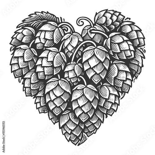 hop cones arranged in a heart shape, symbolizing brewing, beer production, and natural botanical art sketch engraving generative ai vector illustration. Scratch board imitation. Black and white image.