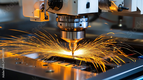 CNC Milling Machine Performing High-Speed Precision Laser Cutting of Metal Components in an Industrial Setting photo