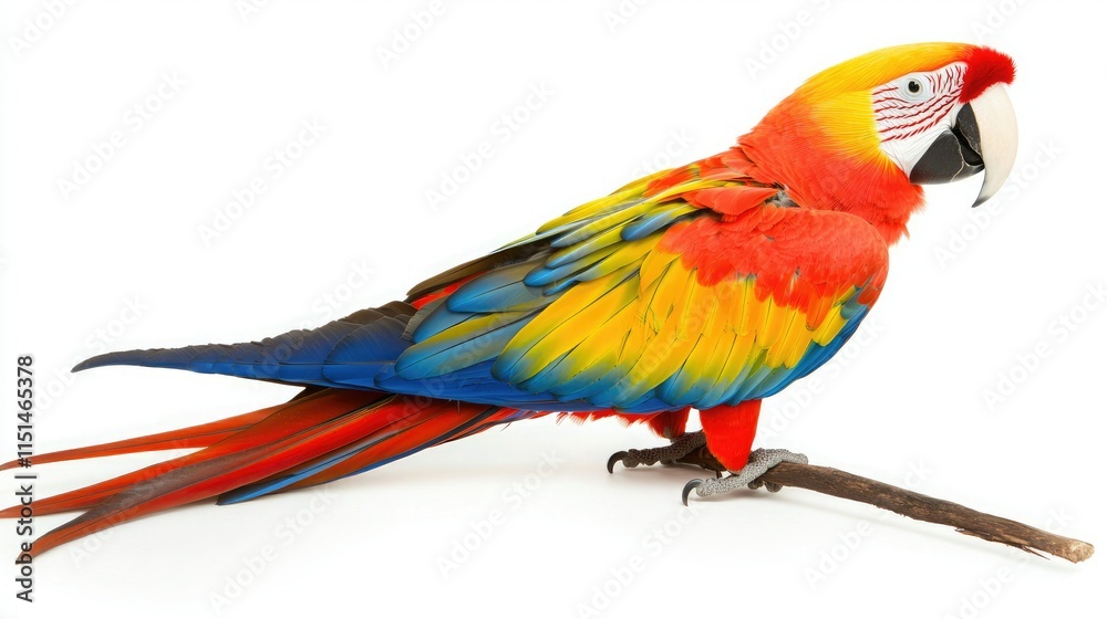Fototapeta premium A colorful parrot perched on a branch, showcasing vibrant red, yellow, and blue feathers against a white background.