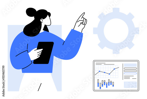 Woman holding a tablet, gesturing towards a screen displaying charts and graphs. Gear icon in the background. Ideal for business analytics, data presentation, teamwork, digital transformation