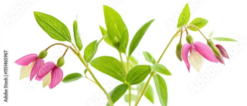 close up of pink flowers with green leaves on a white background