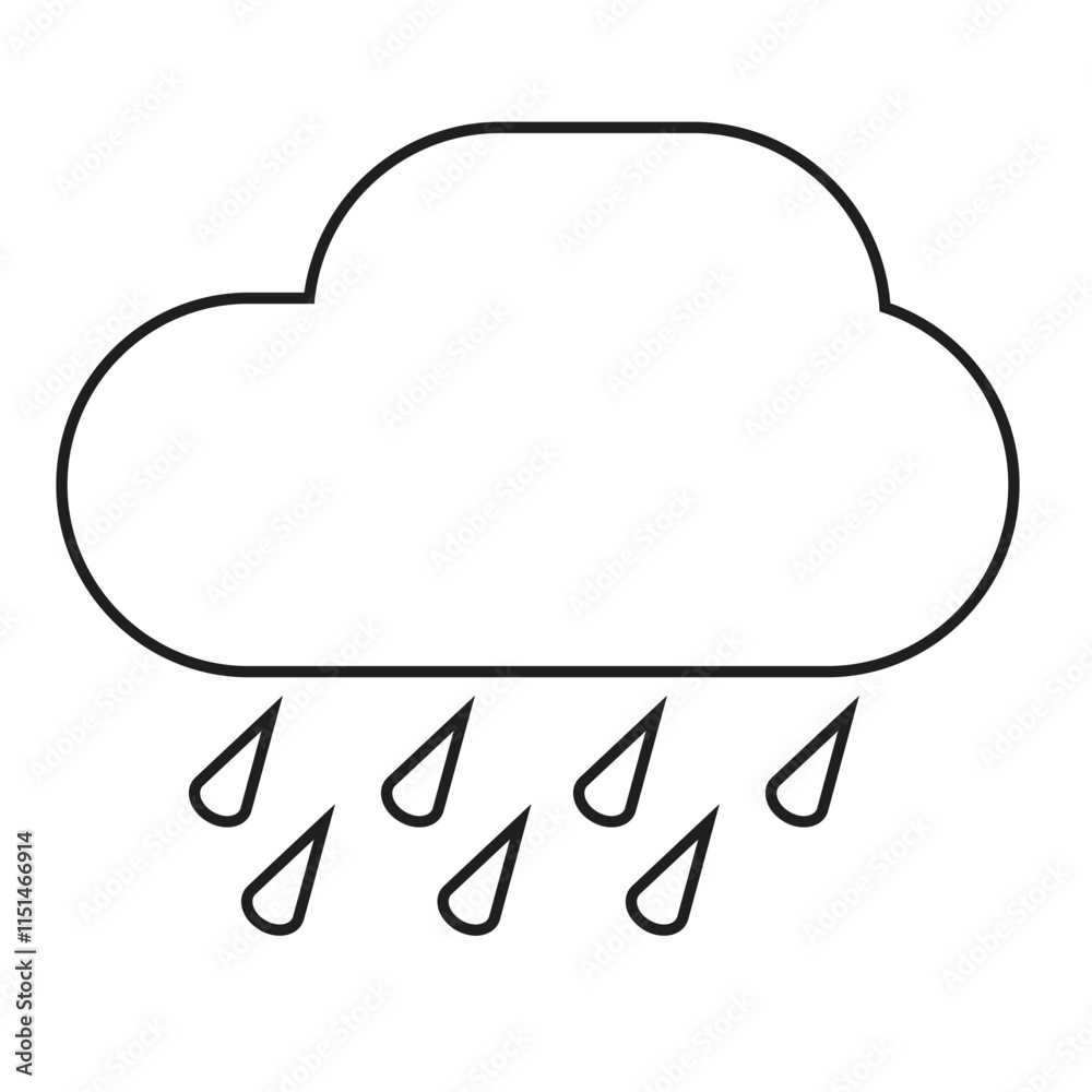 Minimalist weather icon featuring a simple black outline of a cloud with raindrops falling beneath, representing rain or rainy conditions Minimalist weather icon featuring a simple black outline of a cloud with raindrops falling beneath, representing rain or rainy conditions
