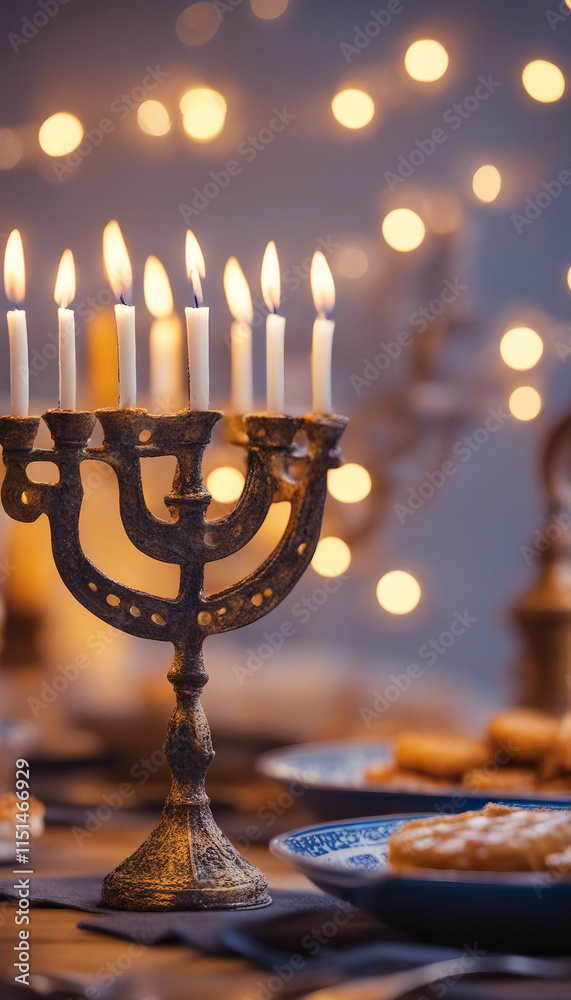 Hanukkah celebration with latkes and menorah illuminating festive table setting vertical Hanukkah celebration with latkes and menorah illuminating festive table setting vertical