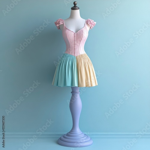 A pastel-colored dress with a corseted bodice and ruffled skirt is displayed on a vintage mannequin against a light blue wall. The dress features sections of pink, light blue, and yellow.