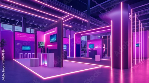 Modern vibrant purple trade show booth with neon lighting.