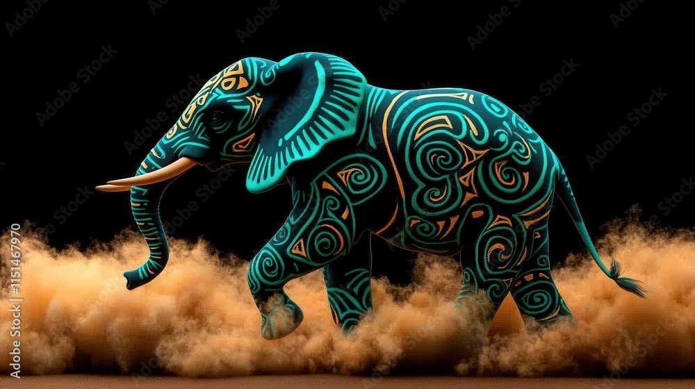 Obraz premium Vibrant Elephant with Artistic Patterns Surrounded by Dust in Dynamic Movement