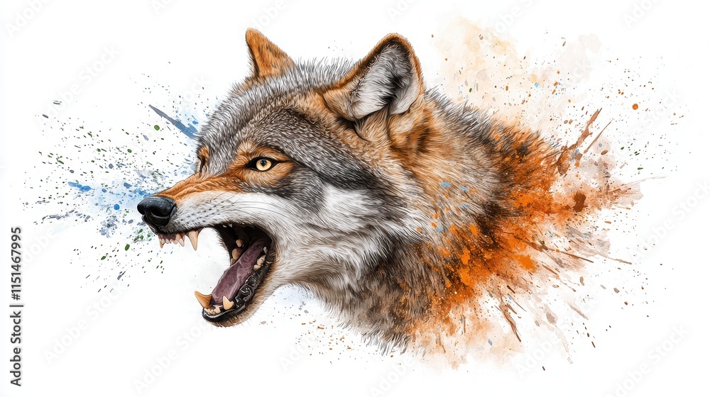 Fototapeta Dynamic Watercolor Wolf Head Illustration with Vivid Colors and Expressive Features