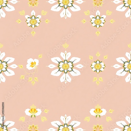 Delicate Floral Pattern: A charming and delicate seamless pattern featuring white and yellow flowers on a soft blush background, perfect for adding a touch of elegance to home decor, textiles.