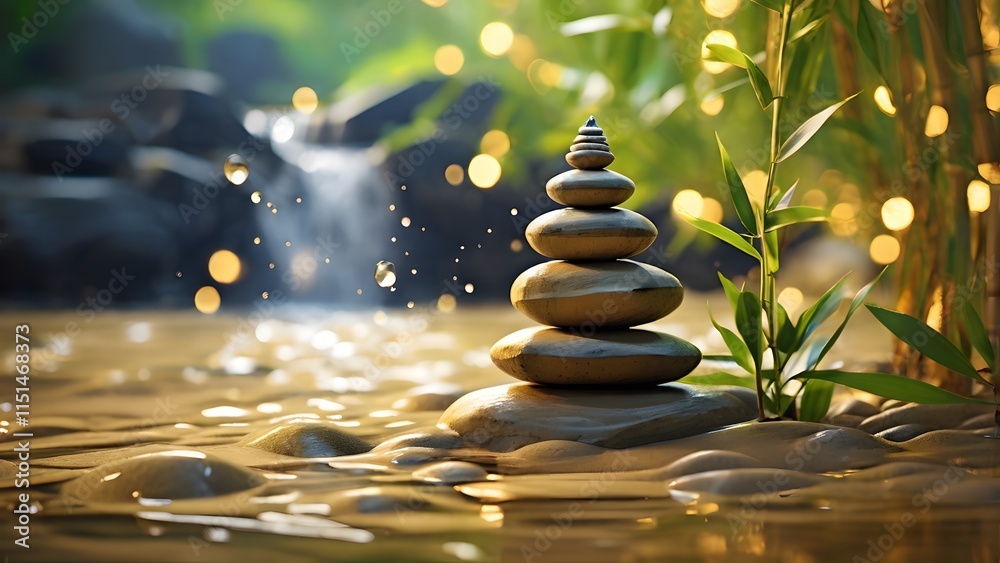 Obraz premium Photo of Zen, stones, flowers, bamboo, background Created with Generative AI technology