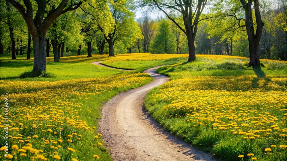 Serene Winding Path Through a Field of Dandelions in a Lush Green Meadow