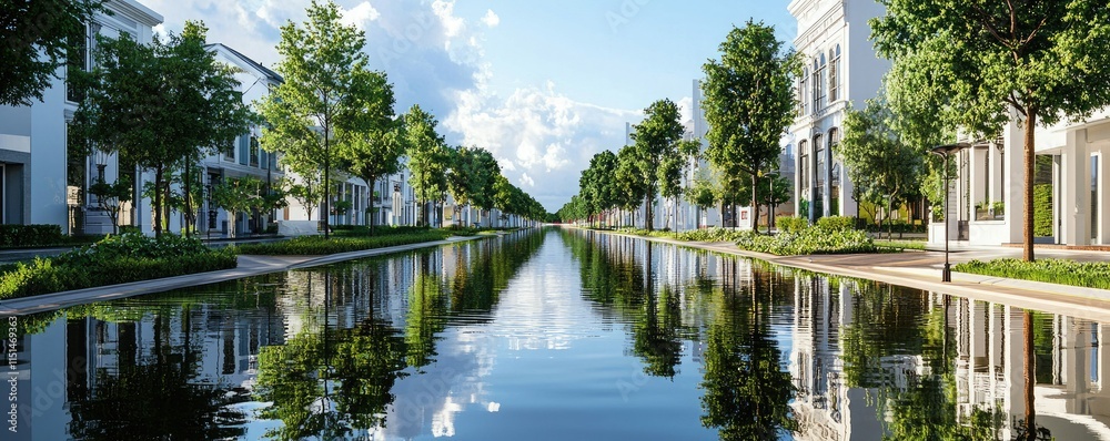Obraz premium A serene urban scene with a tranquil canal reflecting lush trees and modern architecture under a bright blue sky.