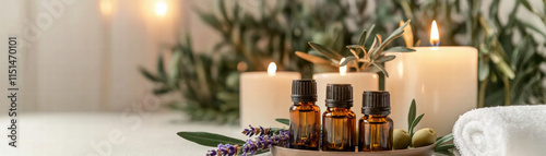 Relaxation self-care wellness. A tranquil setup with essential oils, candles, and greenery for relaxation.