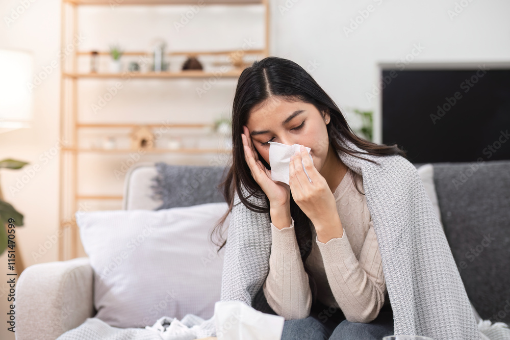 Sick and unwell woman at home emotional lifestyle scene indoor comfort close-up view Sick and unwell woman at home emotional lifestyle scene indoor comfort close-up view