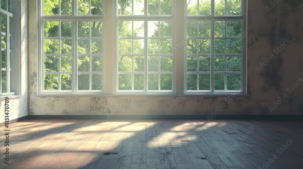 Sunlit Room with Large Windows Overlooking Lush Greenery