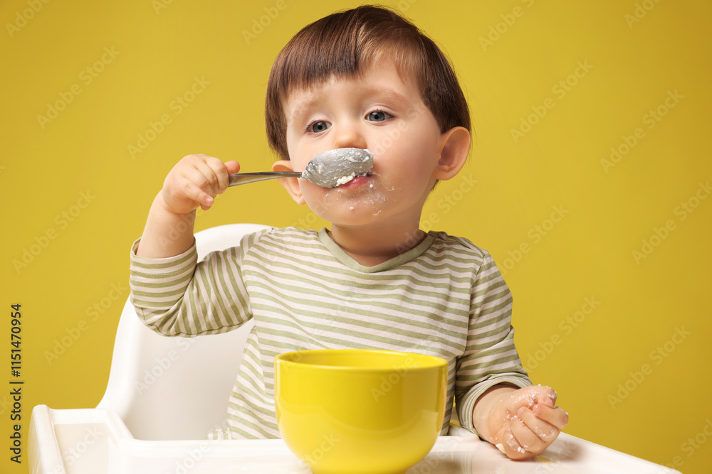 Cute little kid eating healthy baby food from bowl in high chair on yellow background
