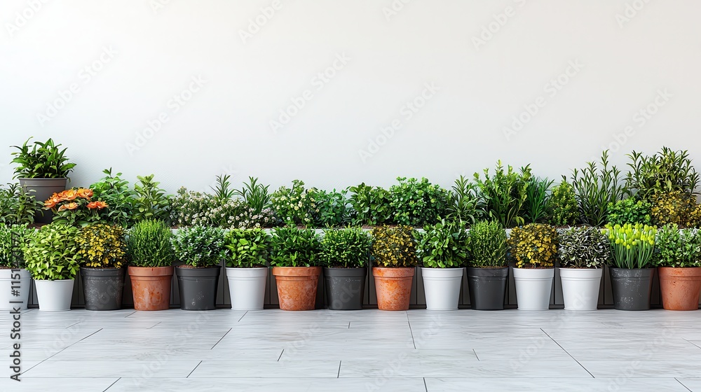 Fototapeta premium Lush Green Indoor Plants in Decorative Pots on Modern Floor Against Minimalist Wall