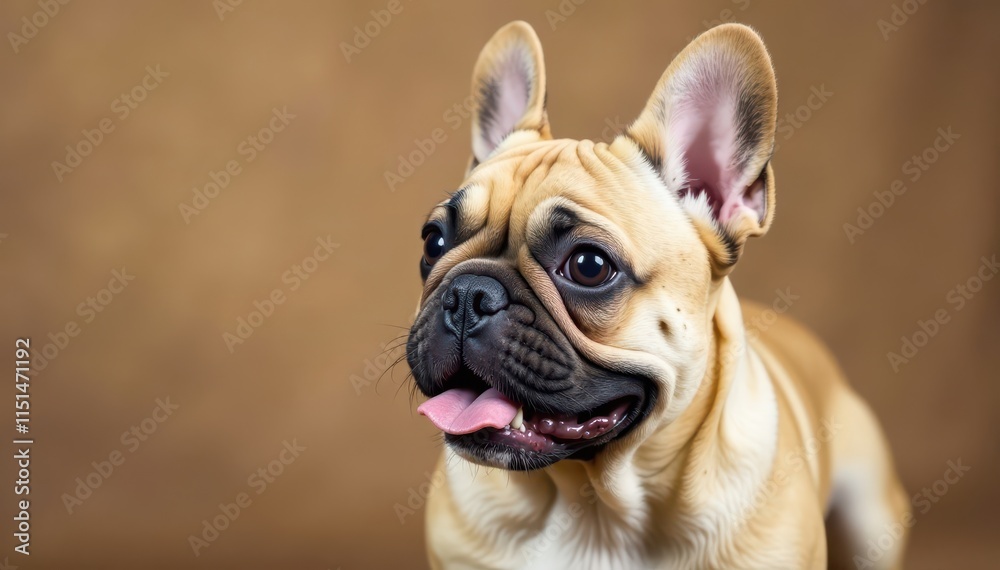 Adorable French Bulldog with a fluffy coat and cute wrinkles , wrinkly, fawn Adorable French Bulldog with a fluffy coat and cute wrinkles , wrinkly, fawn