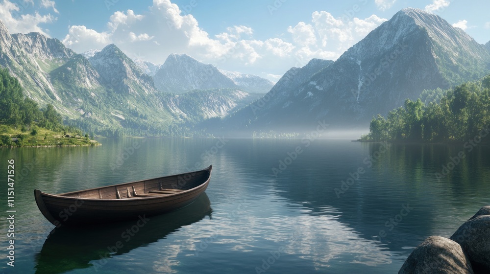 Serene mountain lake with a wooden boat. Serene mountain lake with a wooden boat.