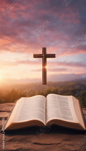 Open bible with christian cross and 2025 on top over sunset sky background vertical