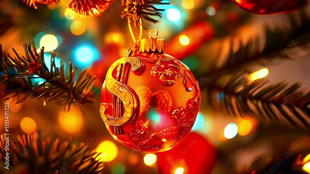 A festive ornament featuring a dollar sign hangs on a Christmas tree, surrounded by colorful lights.