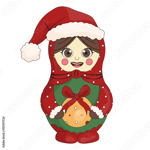 Happy matryoshka in Santa hat isolated white background. Russian doll vector template design. Matryoshka can used new year poster greeting card cover template design. T-shirt print theme. EPS 10