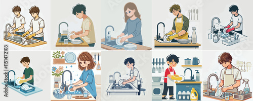 vector set of a teenager washing dishes with a simple flat design style