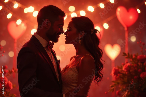 hispanic couple dancing amidst warm colored decorations and soft fairy lights on St. Valentine's day. holiday greeting card with romantic design. love, relationship, dating, tenderness and affection