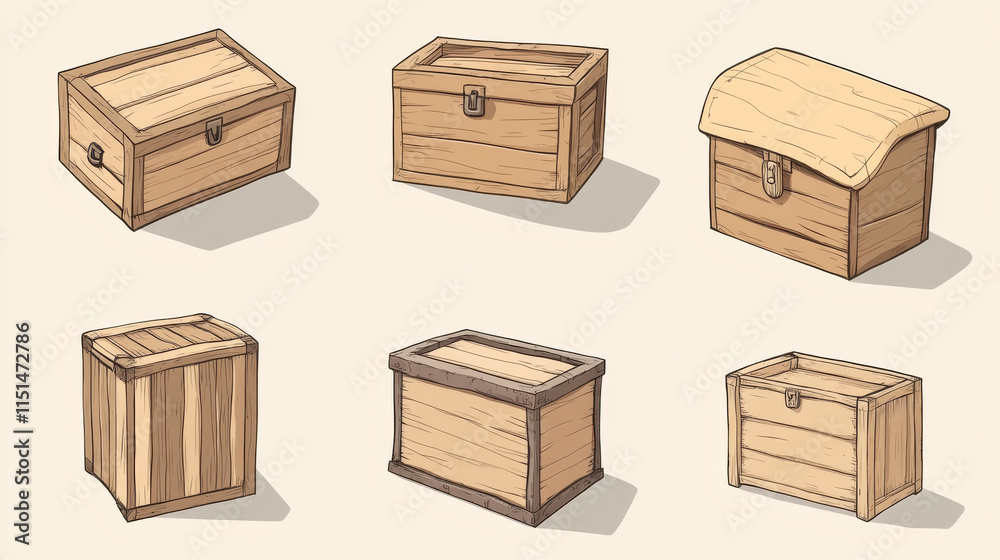 Various key frames animation of wooden chest or box. Vector cartoon pictures wood ancient box closed illustration Various key frames animation of wooden chest or box. Vector cartoon pictures wood ancient box closed illustration