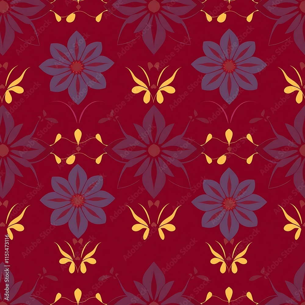 Fototapeta premium Purple Flower and Butterfly Pattern on Red Background: A captivating seamless pattern featuring delicate purple flowers and intricate yellow butterflies against a rich red backdrop.