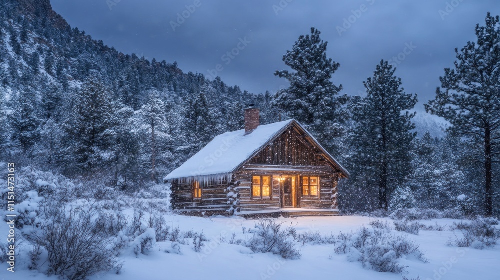 Snow-covered log cabin in a winter forest at twilight.