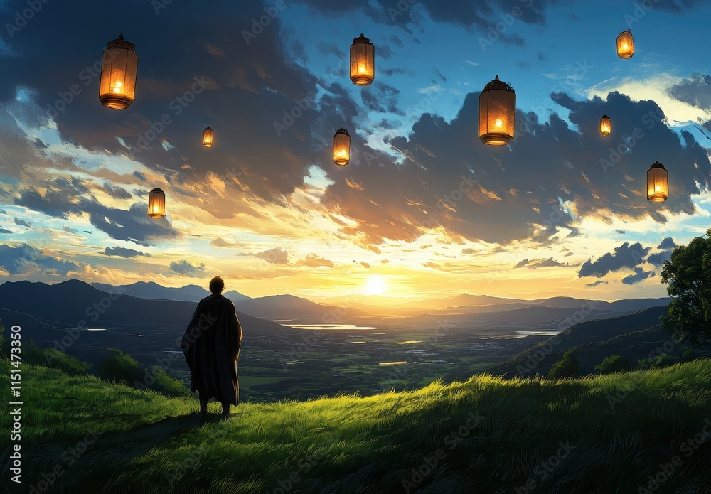 Man in Cloak Watches Sky Lanterns at Sunset Over Valley Man in Cloak Watches Sky Lanterns at Sunset Over Valley