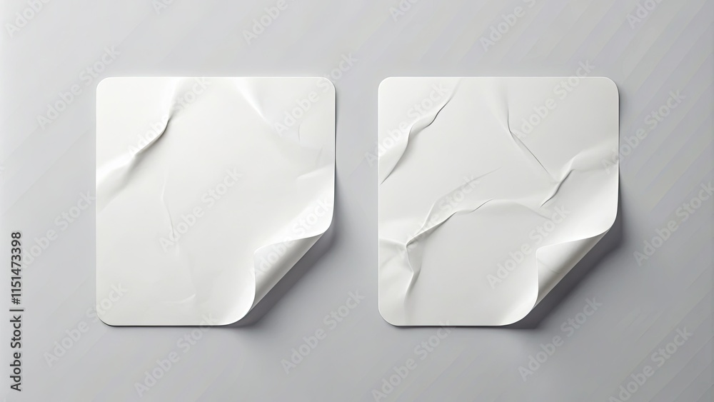 Blank white adhesive labels, curled corner design. Realistic 3D square sticker mockup. Ideal for paper tag templates. Blank white adhesive labels, curled corner design. Realistic 3D square sticker mockup. Ideal for paper tag templates.