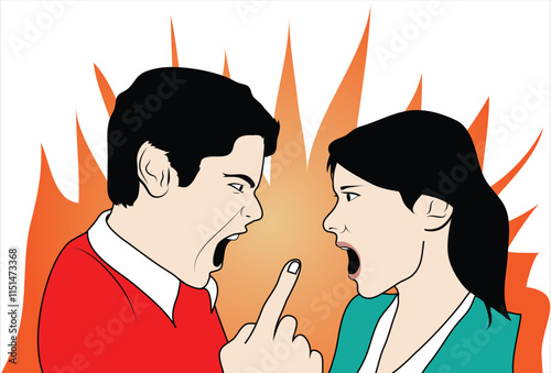 Illustration of an angry couple arguing, with expressive facial features and fiery background, depicting conflict and tension in relationships