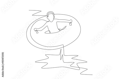 Little boy riding a waterpark ride with a swimming ring. Water park concept one-line drawing