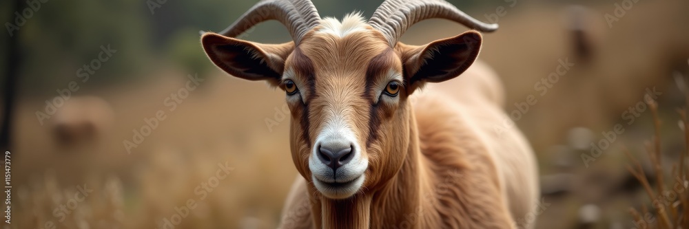 A majestic goat portrait capturing its captivating gaze and impressive horns in a natural field setting with blurred background emphasizing the animal's presence A majestic goat portrait capturing its captivating gaze and impressive horns in a natural field setting with blurred background emphasizing the animal's presence