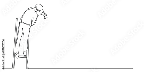 continuous line drawing of a man climbing a ladder and holding a paint brush.one line drawing of a man's hand painting a wall.single line vector illustration.isolated white background