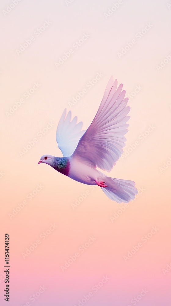 Obraz premium A white dove in flight against a soft pink and orange sunset.