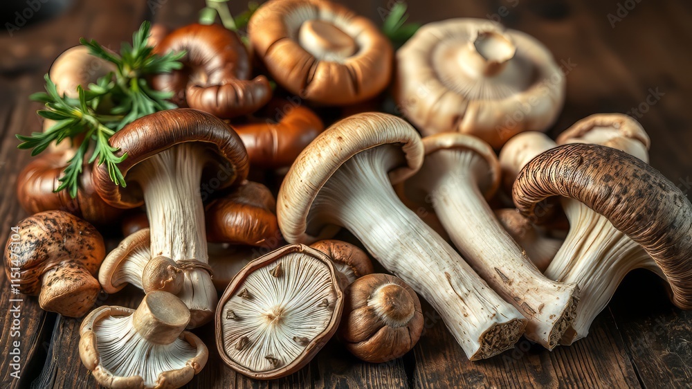 Assorted Mushrooms on Rustic Wood - Gourmet Food Photography Assorted Mushrooms on Rustic Wood - Gourmet Food Photography