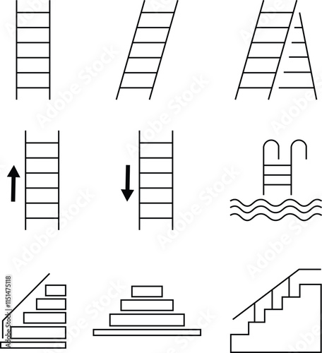 Stairs realistic icon set. Architectural object staircase up steps black line vector collection isolated on transparent background. Modern templates interior staircase architecture direction.