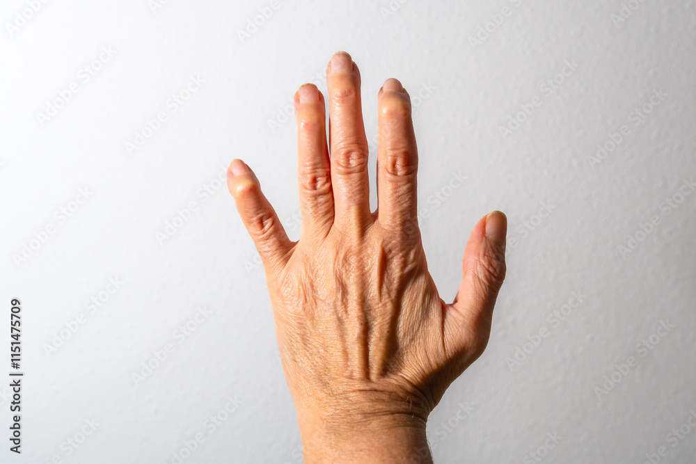 Woman showing her hand affected by arthritis on white background Woman showing her hand affected by arthritis on white background